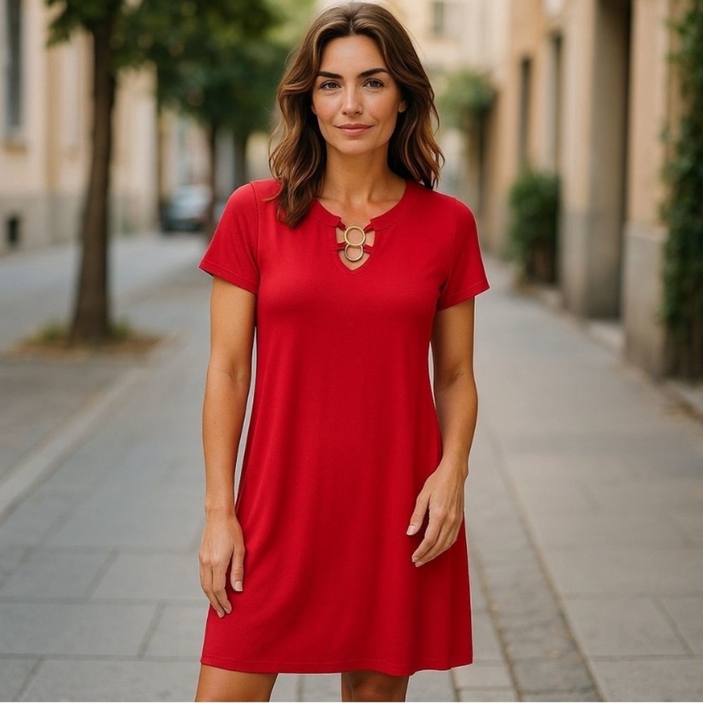NWT Chico's Travelers Ring Detail Chinese Red Short Sleeve Shift Dress Sz 8 (1)